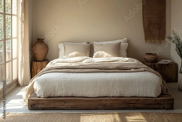Fototapeta A minimalist bedroom with a wooden bed frame and linen sheets, accented by clay pottery