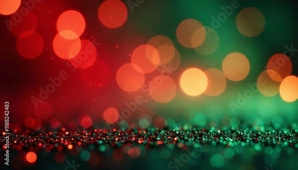 Fototapeta Vintage-inspired red and green glittery background with bokeh-style lights, New Year, Valentine, Christmas