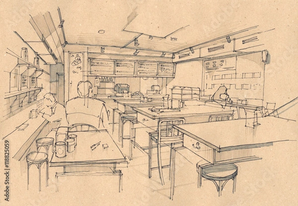 Obraz Sketch of a cafe interior