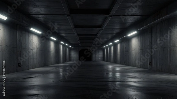 Obraz Dark Concrete Led White Lights Underground Tunnel Corridor Cement Asphalt Hallway Warehouse Tunnel Corridor Metal Structure Realistic Empty 3D Rendering
