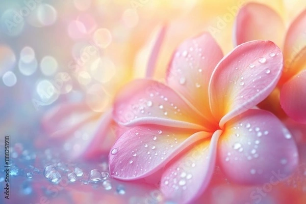 Fototapeta Sunshine illuminates Plumeria flowers with water drops.