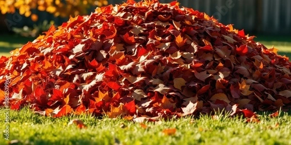 Fototapeta A vibrant mound of fallen autumn leaves, showcasing the transition from green to red, brown, and orange, as the sun bathes the natural landscape in golden light.