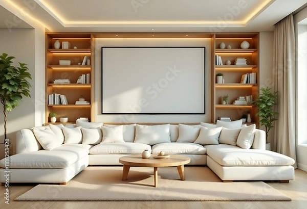 Fototapeta Modern living room in white tone with plush sofa and pillows, a wooden coffee table and bookshelves and blank large picture frame on the wall and adorned with potted plants, interior home design