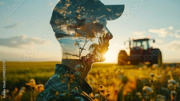 Fototapeta Double exposure art  agronomist overseeing field with tractor silhouetted against a sunset
