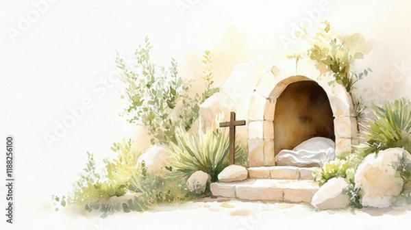 Fototapeta Tranquil watercolor of ancient stone tomb with cross and lush greenery