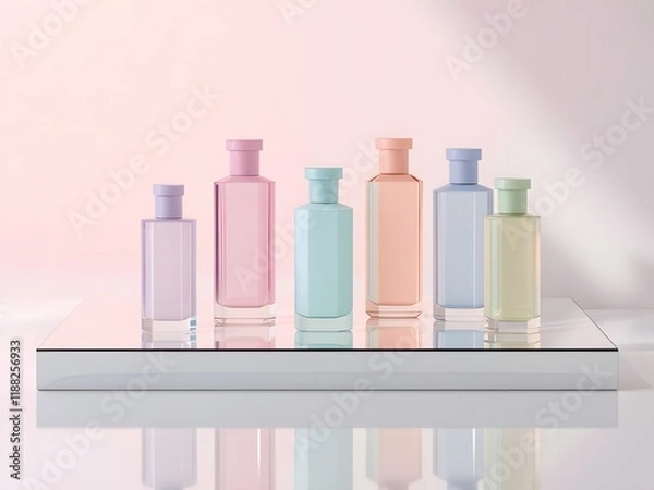 Fototapeta Elegant Pastel Perfume Bottles Displayed on Reflective Surface. mockup perfume bottles image 

