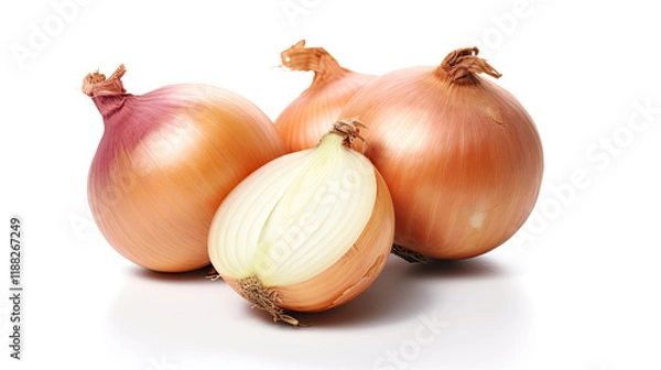 Fototapeta Two whole yellow onions and one half onion on white background