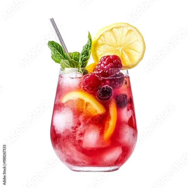 Fototapeta Extreme front view of a perfect looking Rose Lemonade Sangria wine cocktail drink isolated on a white transparent background