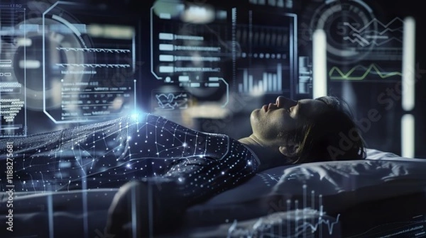Fototapeta Person sleeping peacefully in a dark room with soft blue light from a sleep monitoring device, surrounded by medical equipment and charts, symbolizing sleep research and health technology.