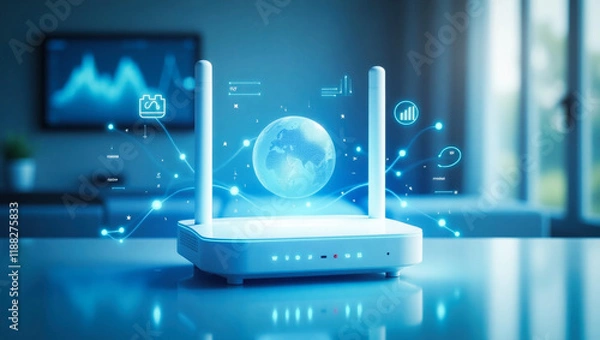 Fototapeta A sleek, modern white wireless router surrounded by blue holographic elements. High-tech communications concept.