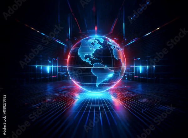 Fototapeta A glowing digital globe, encircled by vibrant red and blue energy beams, sits in a dark, futuristic cityscape.  The image suggests global connectivity and technological advancement.