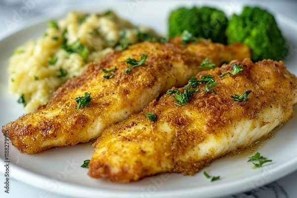 Fototapeta panggang walleye dengan kentang brokoli dan saus kaviar with generative ai