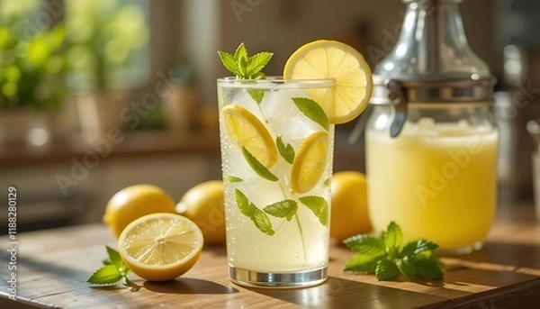 Fototapeta Refreshing Lemonade Sunlit Glass with Lemon Slices and Mint