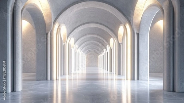 Obraz Illuminated arched hallway with columns and marble floor.