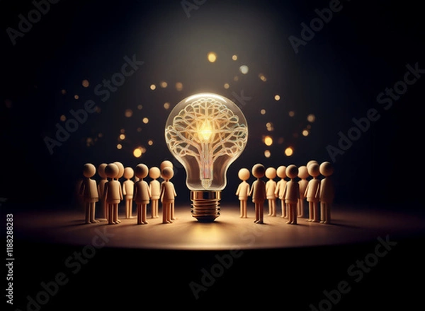 Fototapeta Glowing lightbulb shaped like a tree illuminates a circle of small wooden figures, symbolizing shared knowledge and growth.  A shower of golden sparks adds to the magical ambiance.