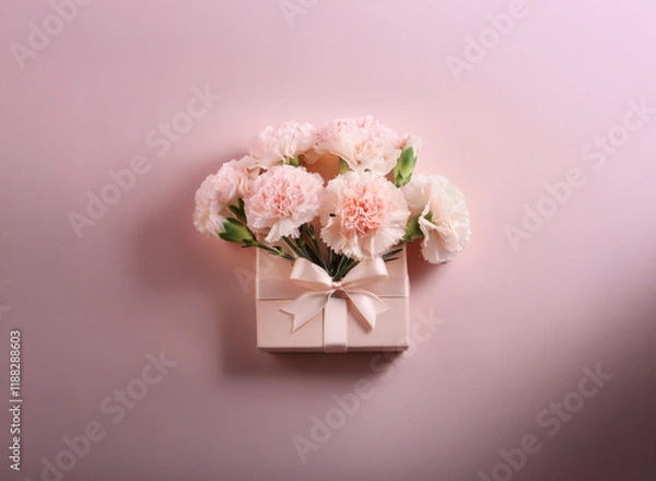 Obraz A delicate bouquet of light pink carnations nestled in a pale pink gift box, tied with a satin ribbon.  The arrangement sits against a matching pastel background.