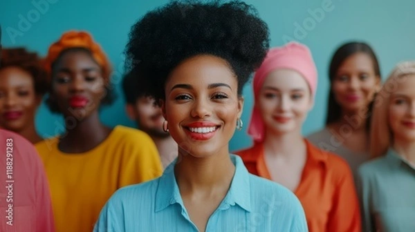 Fototapeta A diverse group of women, with a confident woman in focus, symbolizing inclusivity and unity
