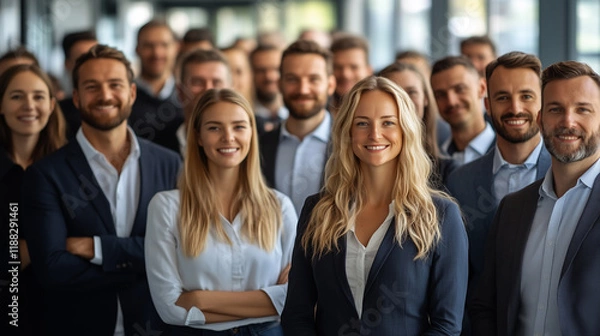 Fototapeta A large group of business people standing together in an office, smiling and looking at the camera. The crowd is diverse with men women all ages dressed smartly. Use wide angle lens to capture everyon