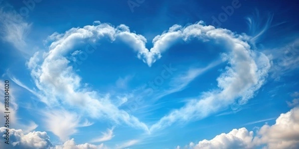 Fototapeta Soft and wispy clouds float across the bright blue sky with a delicate heart shape visible at the center, romantic atmosphere, serene landscape
