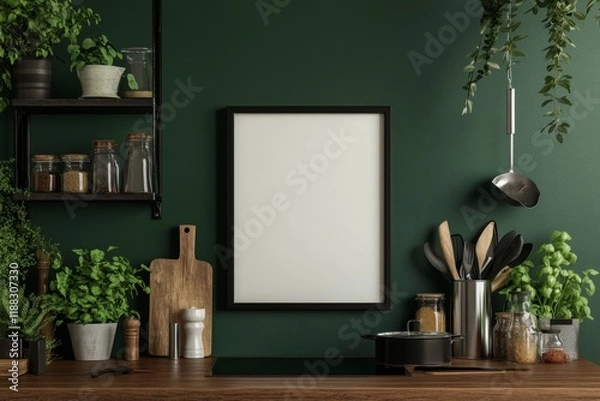 Fototapeta Blank frame mockup in a stylish green kitchen with herbs and cooking utensils.