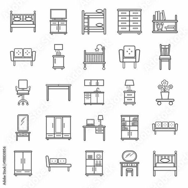Fototapeta Furniture, icons, monochrome, outline. Vector contour icons for furniture. Gray image on a white background. 