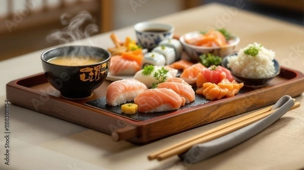 Obraz Delicious assorted sushi platter with fresh miso soup