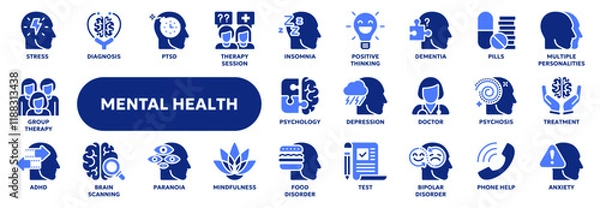 Fototapeta Set of vector solid icons related to mental health therapy, psychology, depression and anxiety. Symbols for website or app ui, logo design, illustration