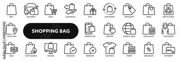Fototapeta Set of vector line icons related shopping bag and package, sale and discount, online and retail commerce. Symbols for website or app ui, logo design, illustration