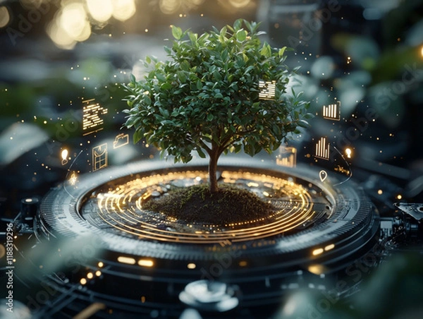 Obraz Ai-generated glowing csr icons surrounding a small tree in a nature setting emphasizing sustainability concepts