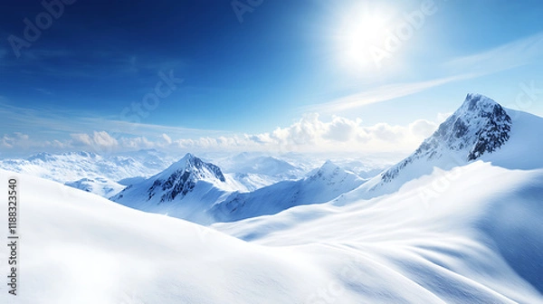 Fototapeta Snow-Covered Mountains with Clear Blue Skies, Majestic Peaks and Fresh Powdery Snow, Scenic Winter Landscape