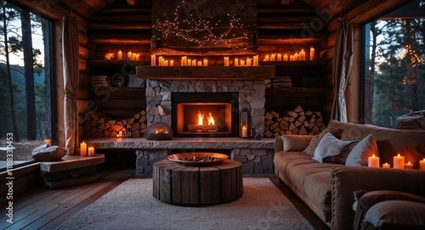 Obraz Cozy Fireplace Inside a Rustic Cabin with Warm Lights
