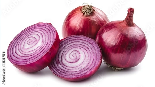 Fototapeta A red onion has been halved and isolated on a plain white background, revealing its layers and vibrant red color. 
