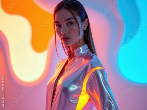 Fototapeta Modern portrait of a young woman in a futuristic outfit against a vibrant backdrop with colorful neon lights
