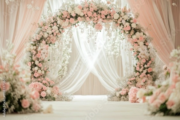 Fototapeta A whimsical fairy-tale wedding backdrop with delicate pink and white flowers, a pastel-colored circular arch adorned with soft tulle curtains.