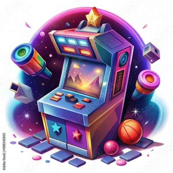 Fototapeta Retro Arcade Cabinet Floating in Space with Neon Colors and Cosmic Background
