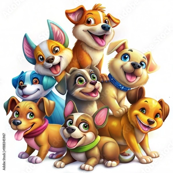 Fototapeta Whimsical Illustration of Cheerful Dogs with Big Eyes and Happy Expressions