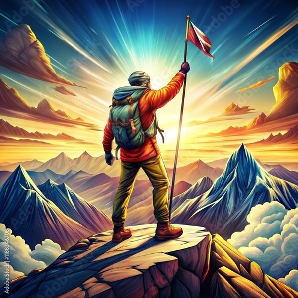 Fototapeta Adventurous Victory Pose on Majestic Peaks with Vibrant Colors