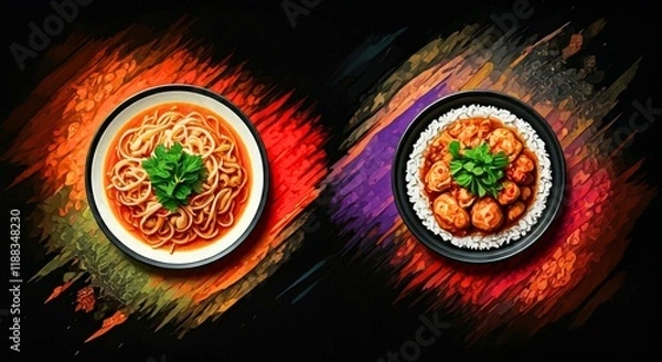 Obraz food, soup, dinner, meal, vegetable, tomato, dish, bowl, lunch, healthy, red, plate, vegetarian, cuisine, green, appetizer, gourmet, cooking, meat, pepper, diet, traditional, delicious, spoon, white