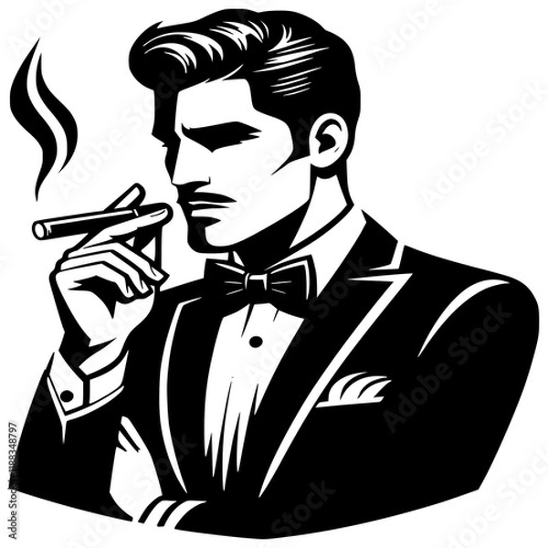 Fototapeta Elegant man in a suit and bow tie, thoughtfully smoking a cigar