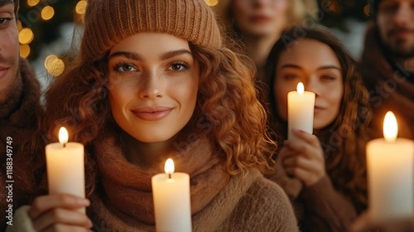 Fototapeta A diverse group of people holding glowing candles in a peaceful outdoor setting, with soft golden bokeh lights and warm scarves, creating a serene and united atmosphere