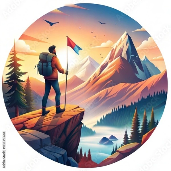 Fototapeta Adventurous Victory Pose on Majestic Peaks with Vibrant Colors