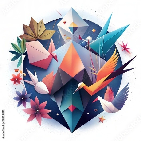 Fototapeta Colorful Geometric Origami Art with Abstract Floral Elements