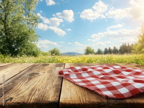 Fototapeta Red checkered picnic cloth on wooden table, sunny meadow background.