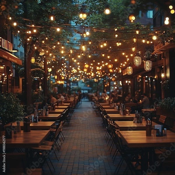 Obraz A cozy outdoor dining area illuminated by string lights, creating a warm atmosphere for guests to enjoy their meals.