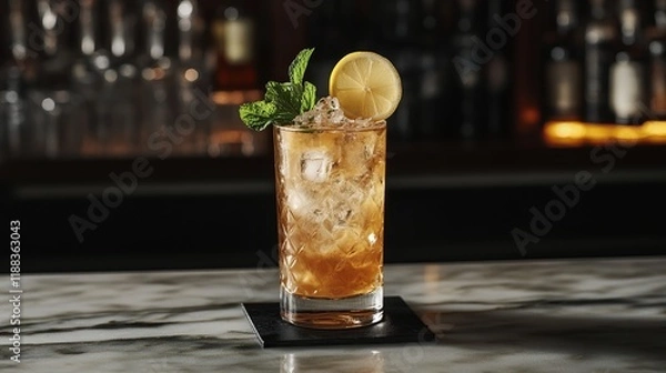 Fototapeta Indulge in the iconic Long Island Iced Tea, a potent concoction of vodka, rum, tequila, gin, and liquor, balanced with lemon juice. Served in a highball glass over ice