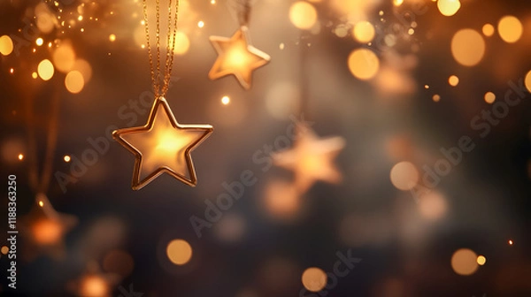 Fototapeta Golden Star Decorations with Glowing Bokeh Lights Creating a Festive and Magical Atmosphere for Celebrations and Events