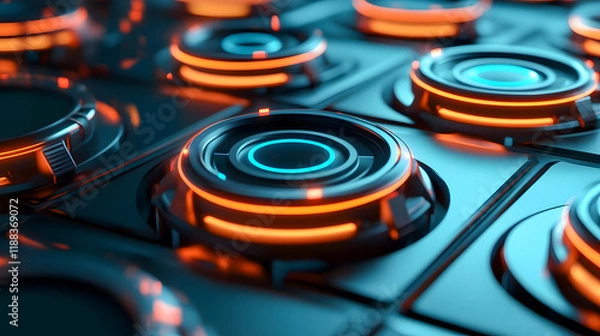 Obraz Futuristic Interface with Glowing Circular Buttons on a Dark Surface, Technology and Digital Design Concept, Blue and Orange Neon Glow