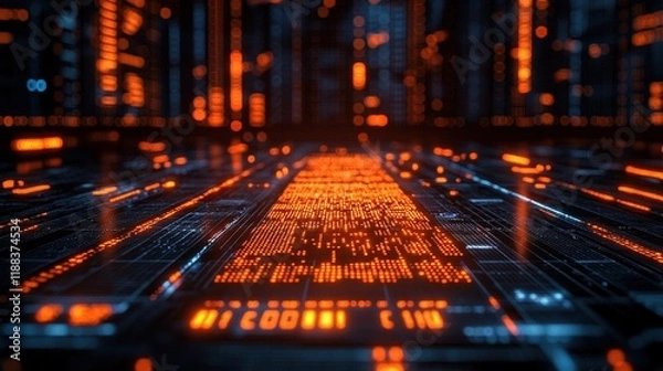 Fototapeta A futuristic digital landscape filled with glowing orange data streams and circuitry, symbolizing advanced technology.