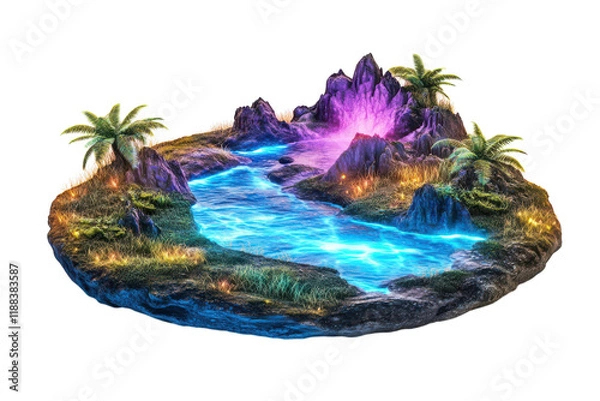 Fototapeta Imaginative Alien Planet Featuring Glowing Rivers and Vibrant Bioluminescent Flora