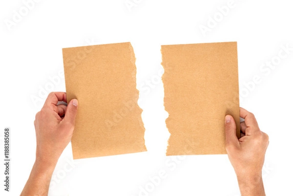 Obraz Two hands holding torn halves of a craft paper sheet on white background